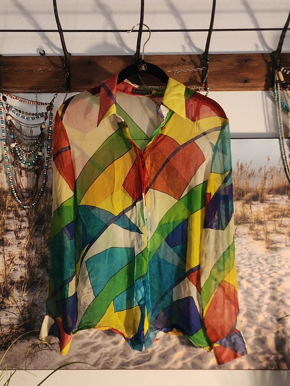 Versace Vintage Couture Multicolor Sheer Button-Up Blouse -***flaw See Caption